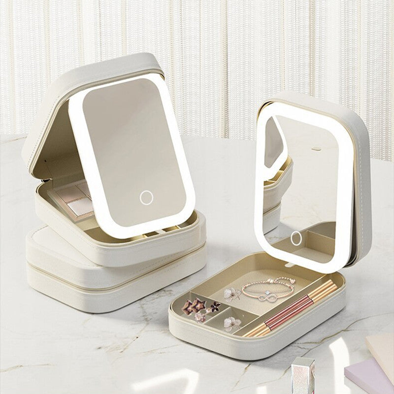 Illuminated makeup box - smart storage with LED mirror and travel handle